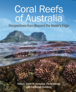 Front cover of book: The image depicts corals underwater and an above water view of an island.